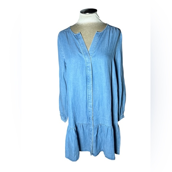 LOFT tie neck mini flounce dress relaxed silhouette ruffle hem long sleeve M - Picture 3 of 9